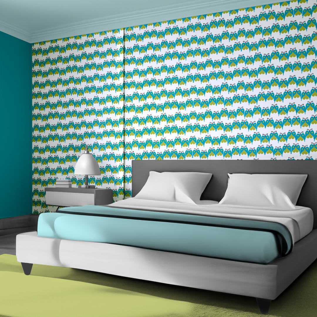 The artwork features a repeating geometric pattern of symmetrical shapes resembling elongated, curved diamonds or petals in various shades of blue and green. Each shape is split vertically with one half filled with a light blue and the other half filled with green or darker blue. The background is a light, almost pastel blue, which provides a soft yet vibrant backdrop. One of the blue shapes near the upper left contains a white starburst element, adding a focal point of brightness to the composition. The overall design conveys a modern, mid-century aesthetic with clean lines and harmonious color contrasts.